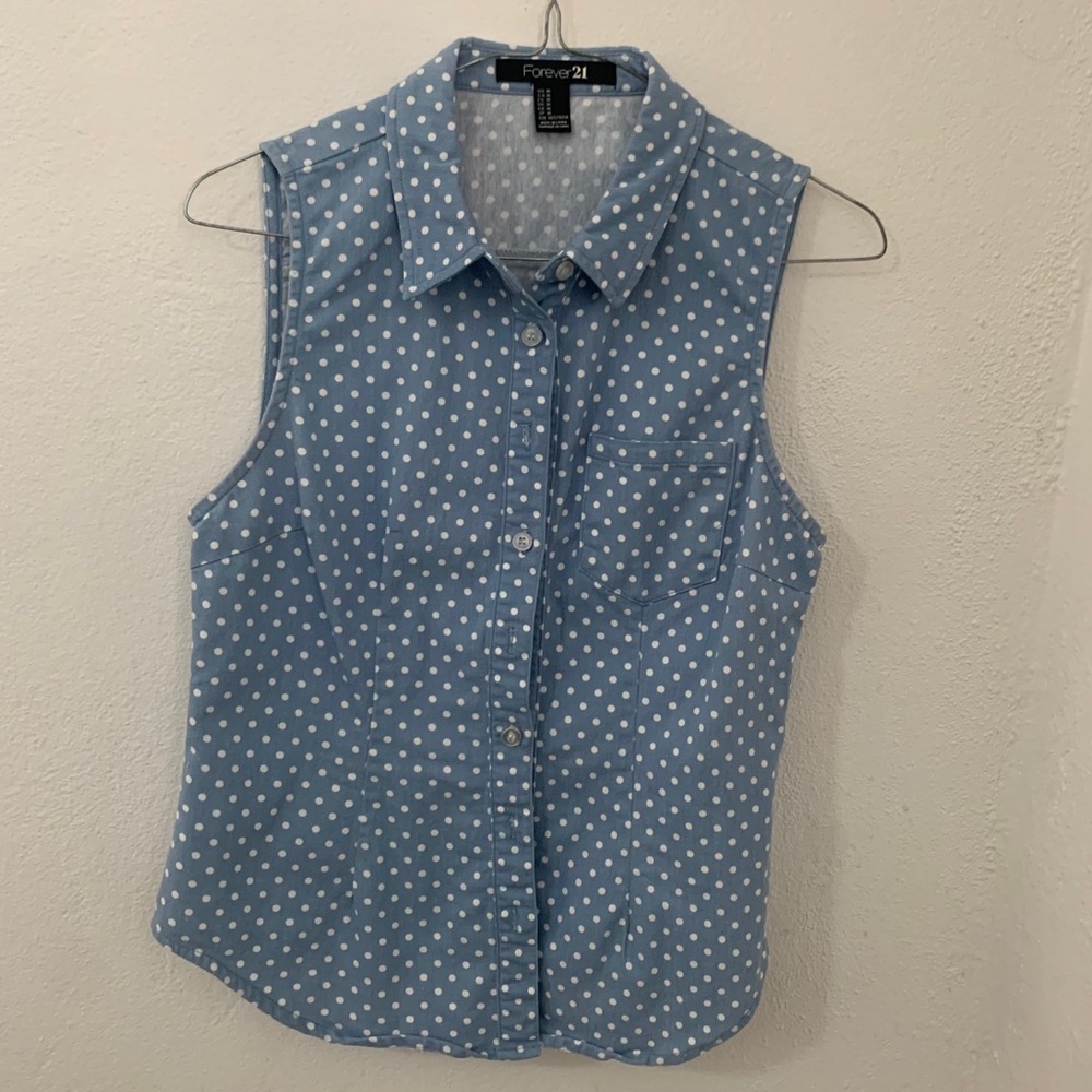 Forever 21 No-Sleeve Denim White Polka Dot- Medium